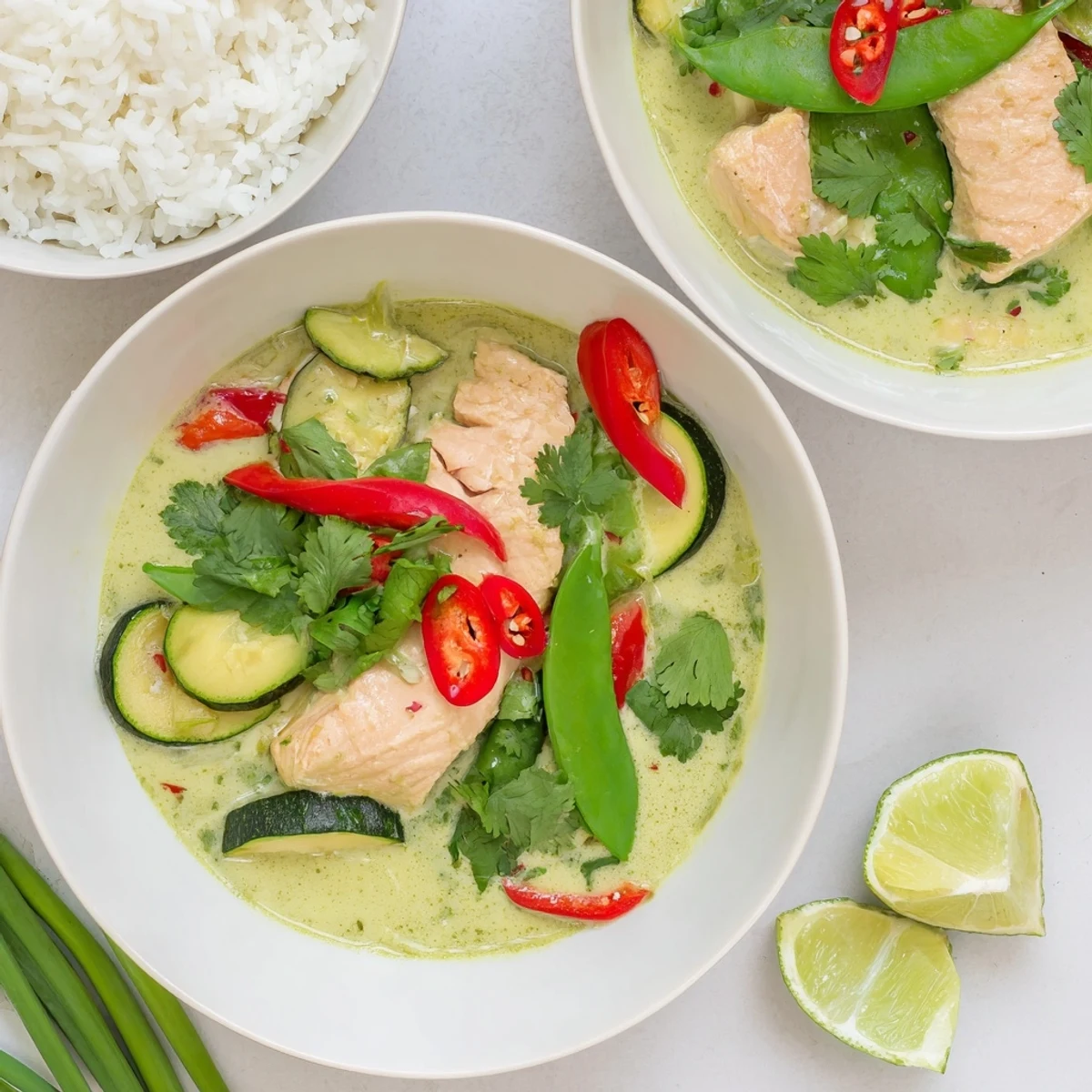 Aromatic Thai green curry with salmon, sugar snap peas, and lime wedges on a dinner plate.