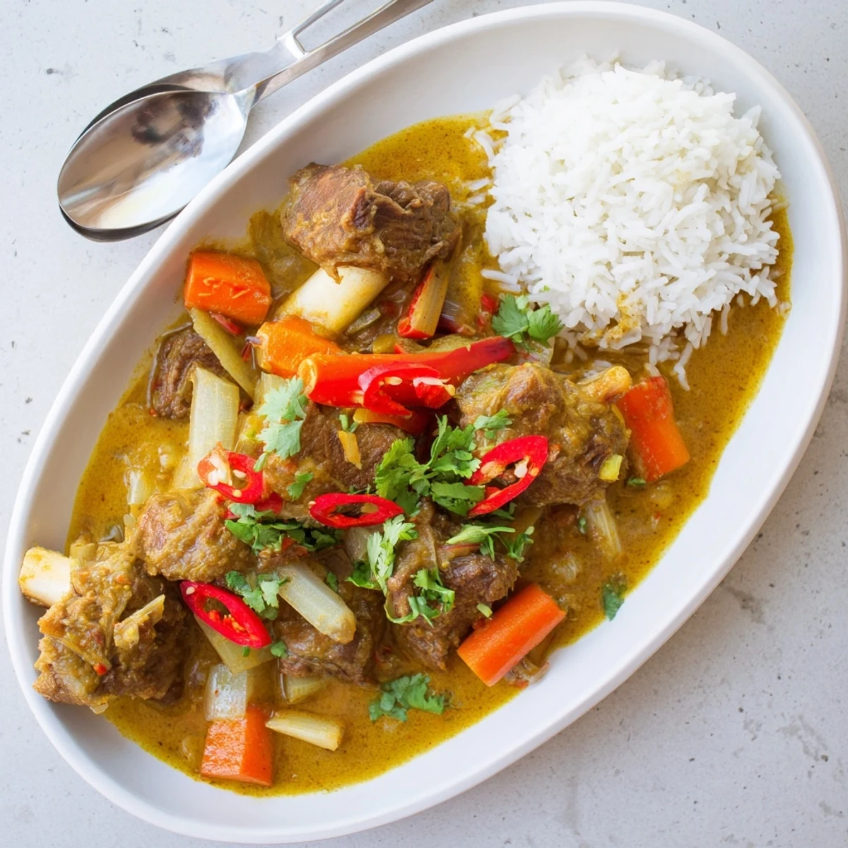 Golden-brown Cambodian Rib Ragu simmering in a rich coconut milk and spice broth.