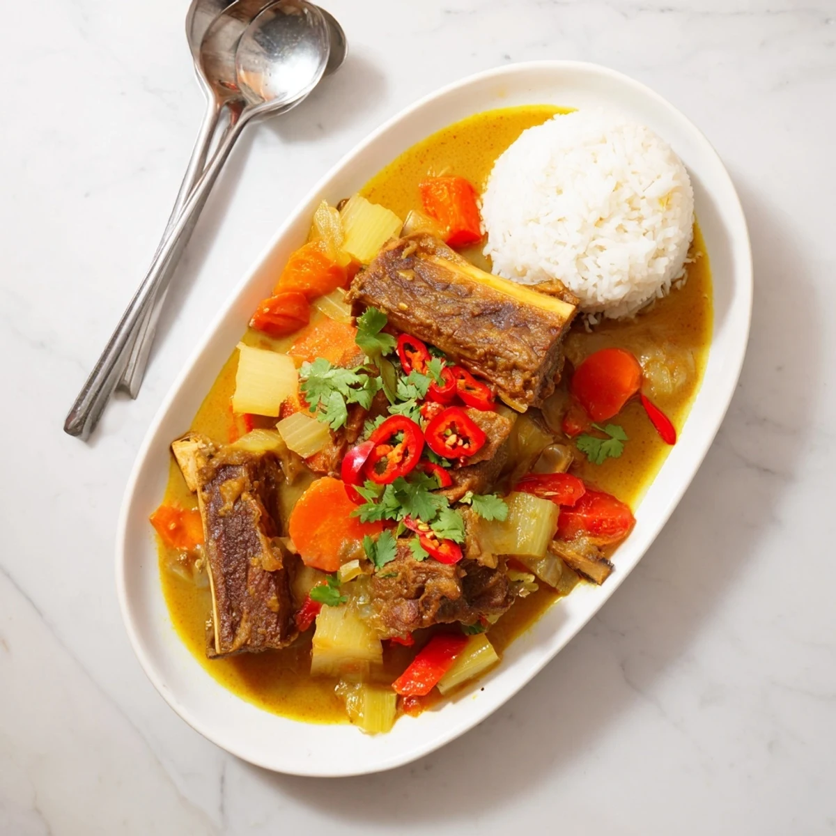 Fall-off-the-bone Cambodian Rib Ragu in a deep, aromatic stew with vegetables.