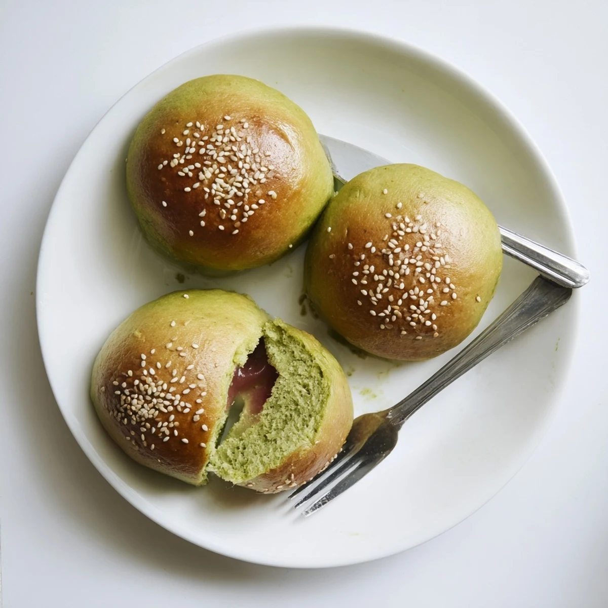 Freshly baked Matcha Red Bean Buns with golden tops on a rustic wooden table.