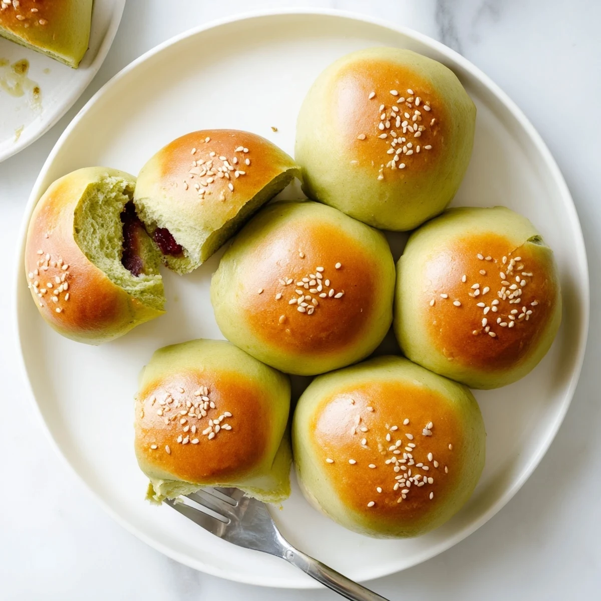 Vibrant green Matcha Red Bean Buns with sesame seeds on a marble kitchen counter.