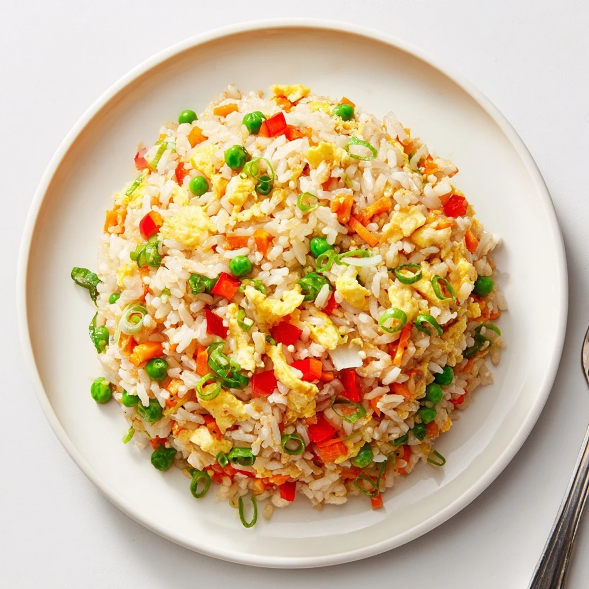 Colorful Fried Rice with diced bell peppers, green onions, and soy sauce on a white plate.