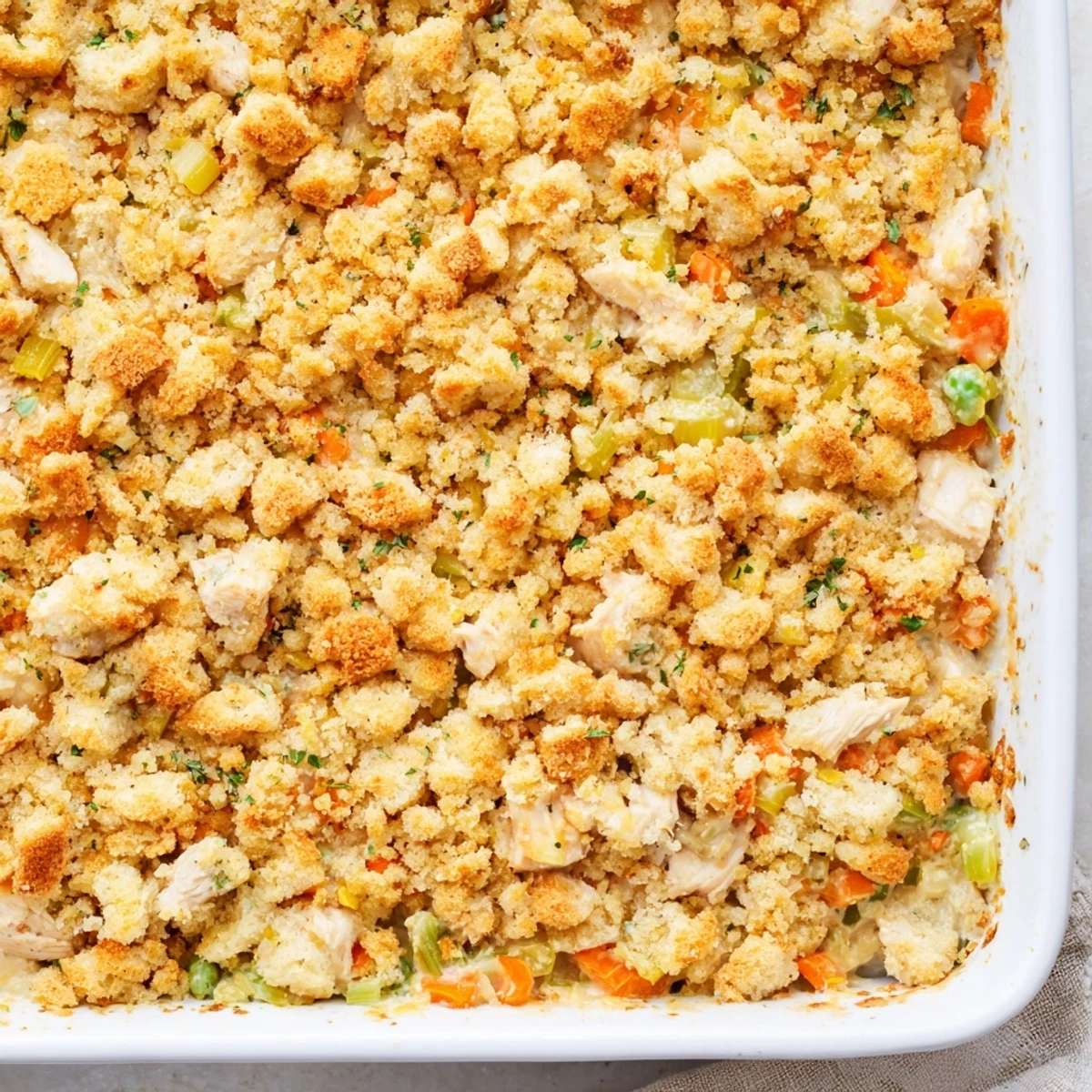 A close-up of Dolly's Chicken Stuffing Casserole with a golden, crispy stuffing crust bubbling over creamy chicken filling.