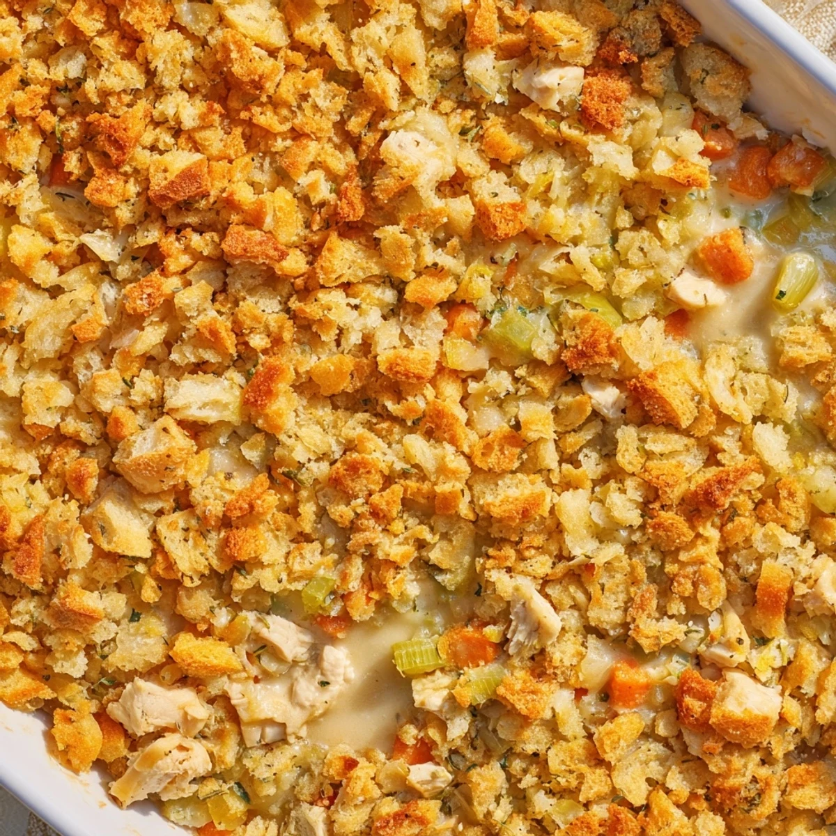 Golden brown Dolly's Chicken Stuffing Casserole features tender shredded chicken and vegetables under a crunchy stuffing topping in a skillet.