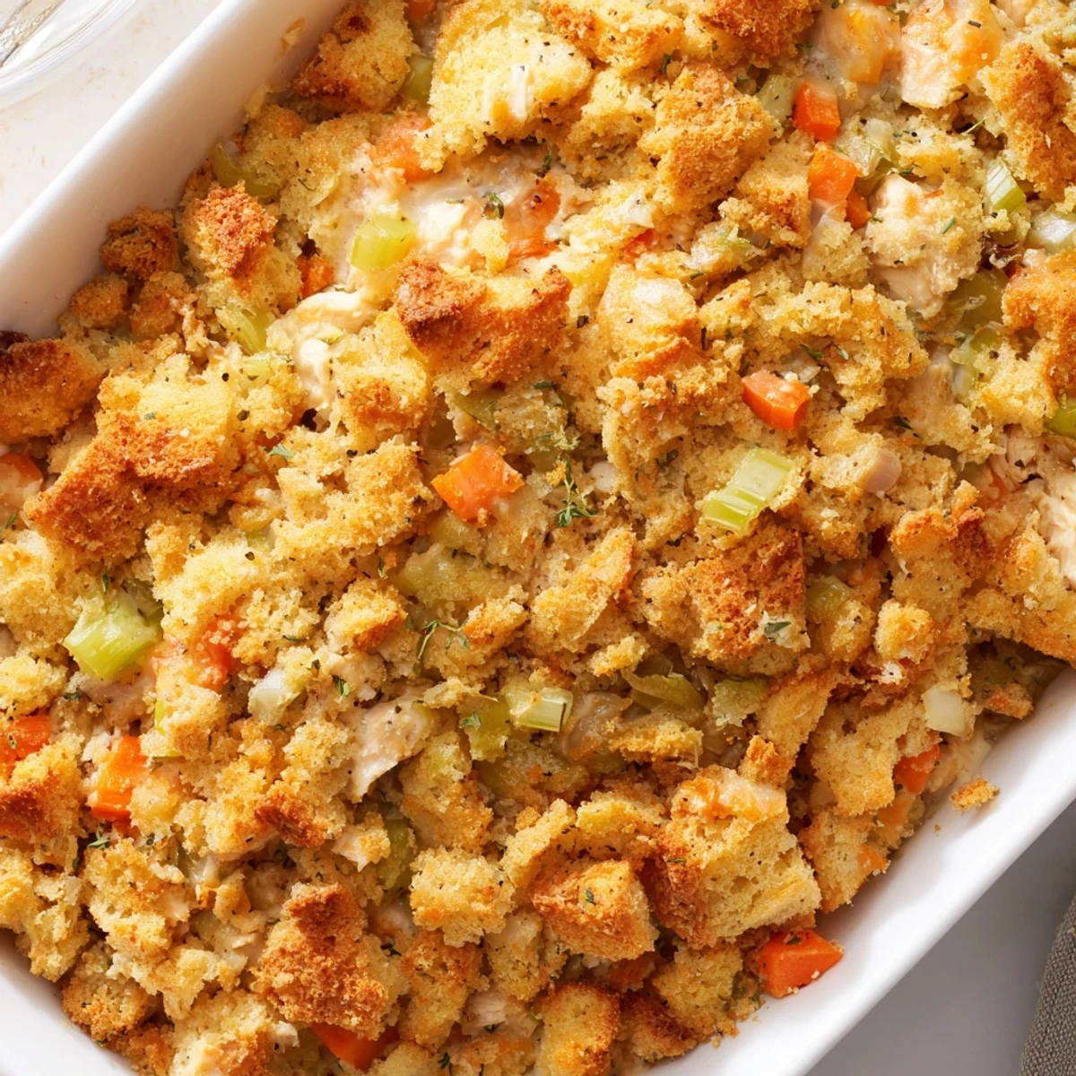 Dolly's Chicken Stuffing Casserole served in a white dish with a side salad for a comforting weeknight family dinner.