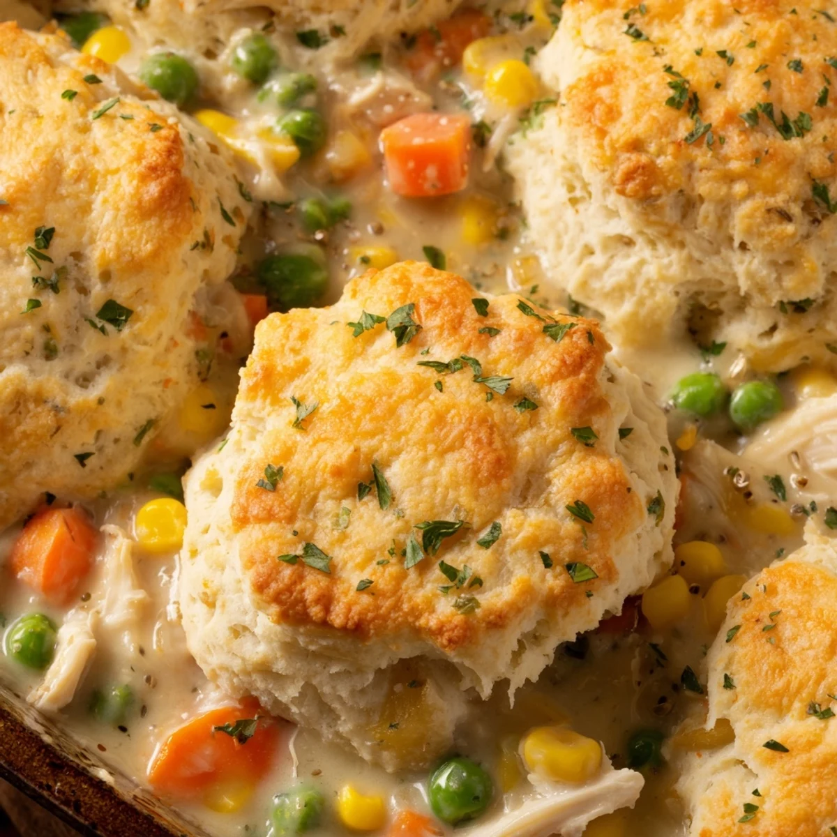 A close-up of Red Lobster Biscuit Chicken Pot Pie revealing flaky biscuit crust over savory peas and shredded chicken.