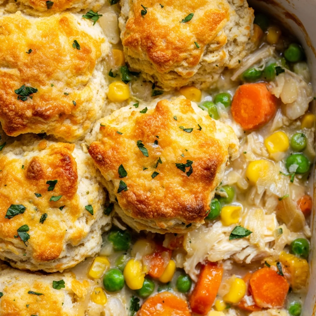 Comfort food favorite Red Lobster Biscuit Chicken Pot Pie paired with salad on a rustic wooden table for dinner.