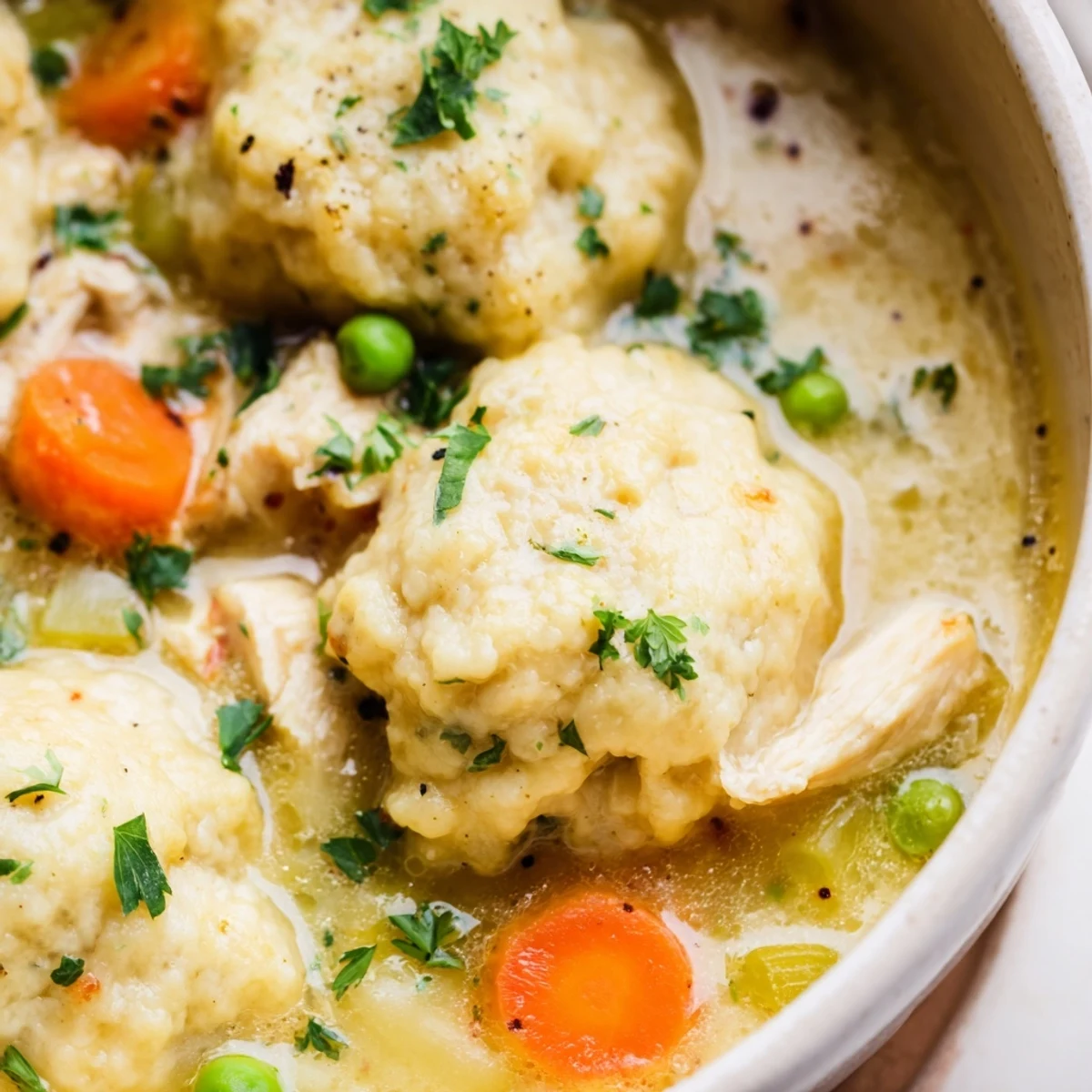 A close-up of One Pot Chicken Dumpling Soup with fluffy dumplings and tender chicken in a steaming bowl, perfect for cozy American dinners.