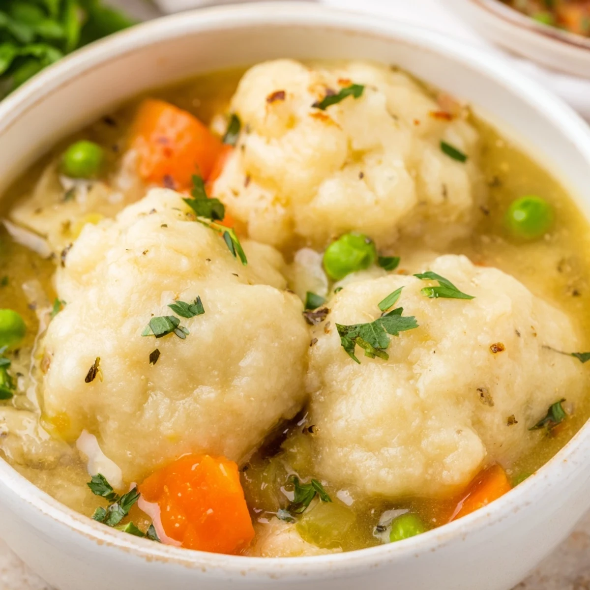 Overhead view of One Pot Chicken Dumpling Soup in a rustic pot, featuring vibrant carrots, peas, and fresh parsley garnish for a hearty meal.