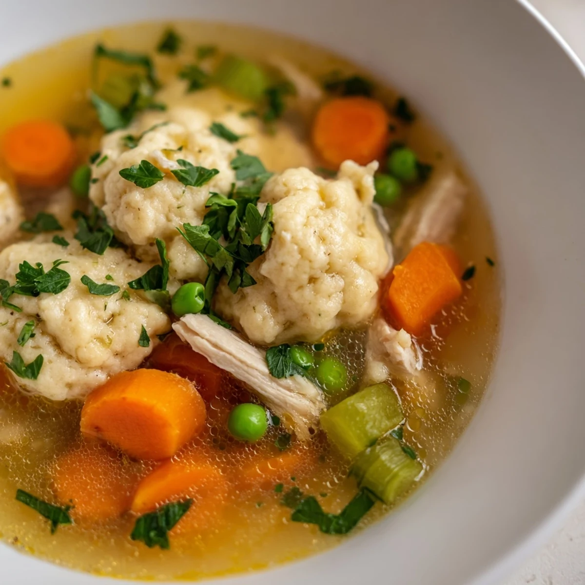 Steaming One Pot Chicken Dumpling Soup served in a white ceramic bowl, showcasing golden dumplings and savory broth for an easy family dinner.