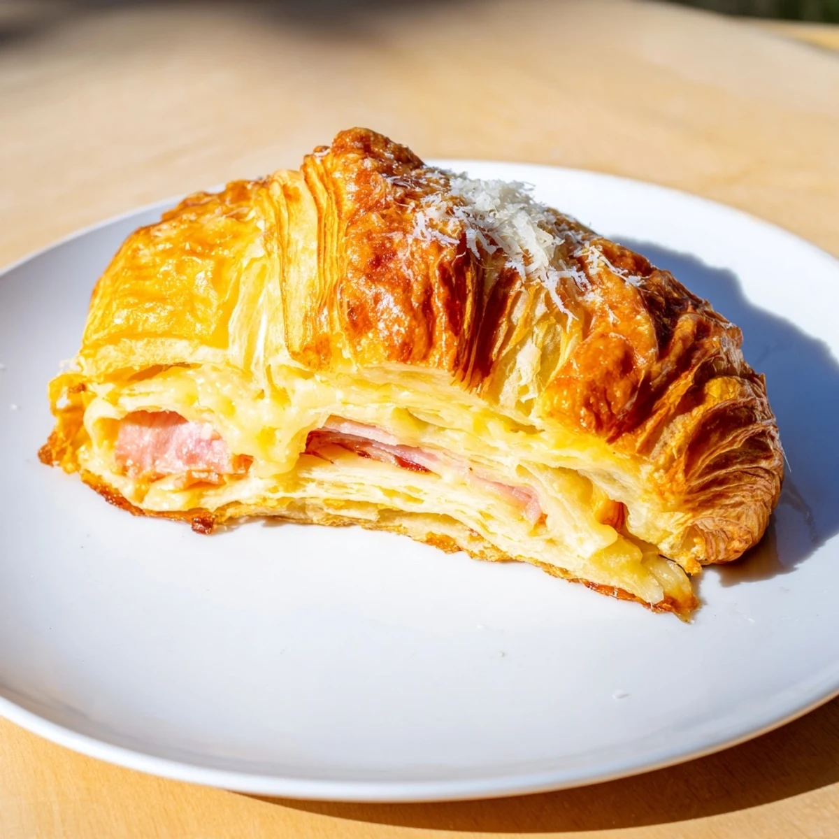 Golden, flaky croissants stuffed with savory ham and melted cheese, ready to serve warm for breakfast.