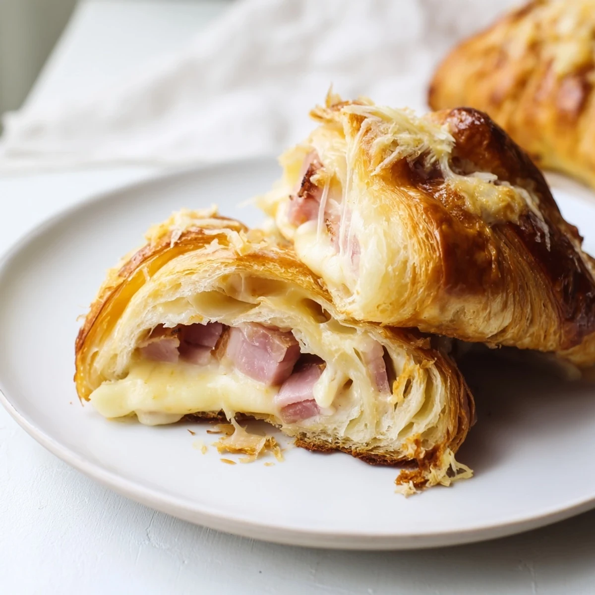 A close-up of Stuffed Croissants with melted Gruyère and ham filling, brushed with buttery goodness.