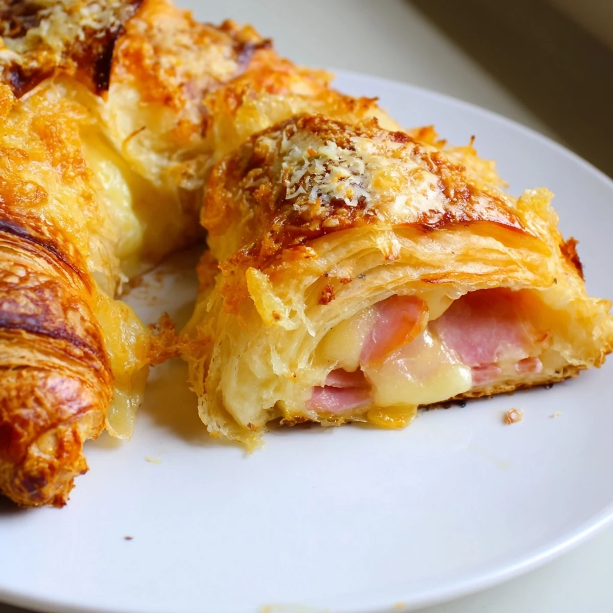 Freshly baked Stuffed Croissants on a plate with chives, perfect for a cozy brunch spread.