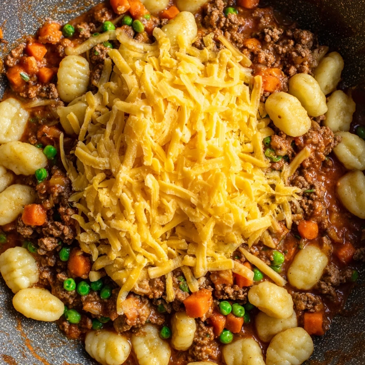 Golden-brown, cheesy Quick Gnocchi Shepherds Pie bubbles in a skillet, with gnocchi layered over a rich beef and pea filling.