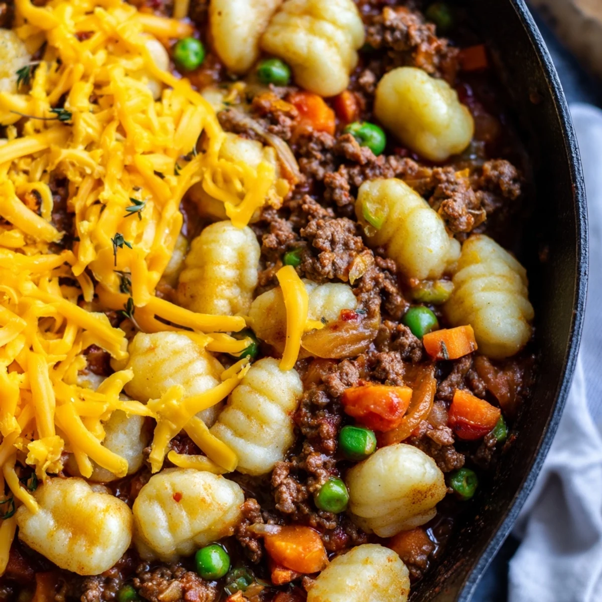 A close-up of Quick Gnocchi Shepherds Pie reveals fork-topped gnocchi and a hearty, tomato-based filling with carrots and peas.