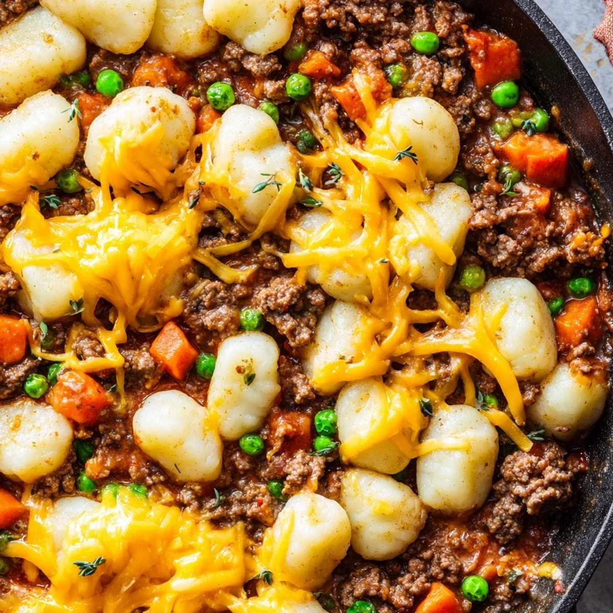 Steam rises from a serving of Quick Gnocchi Shepherds Pie, showing melted cheddar on potato gnocchi and savory ground meat.