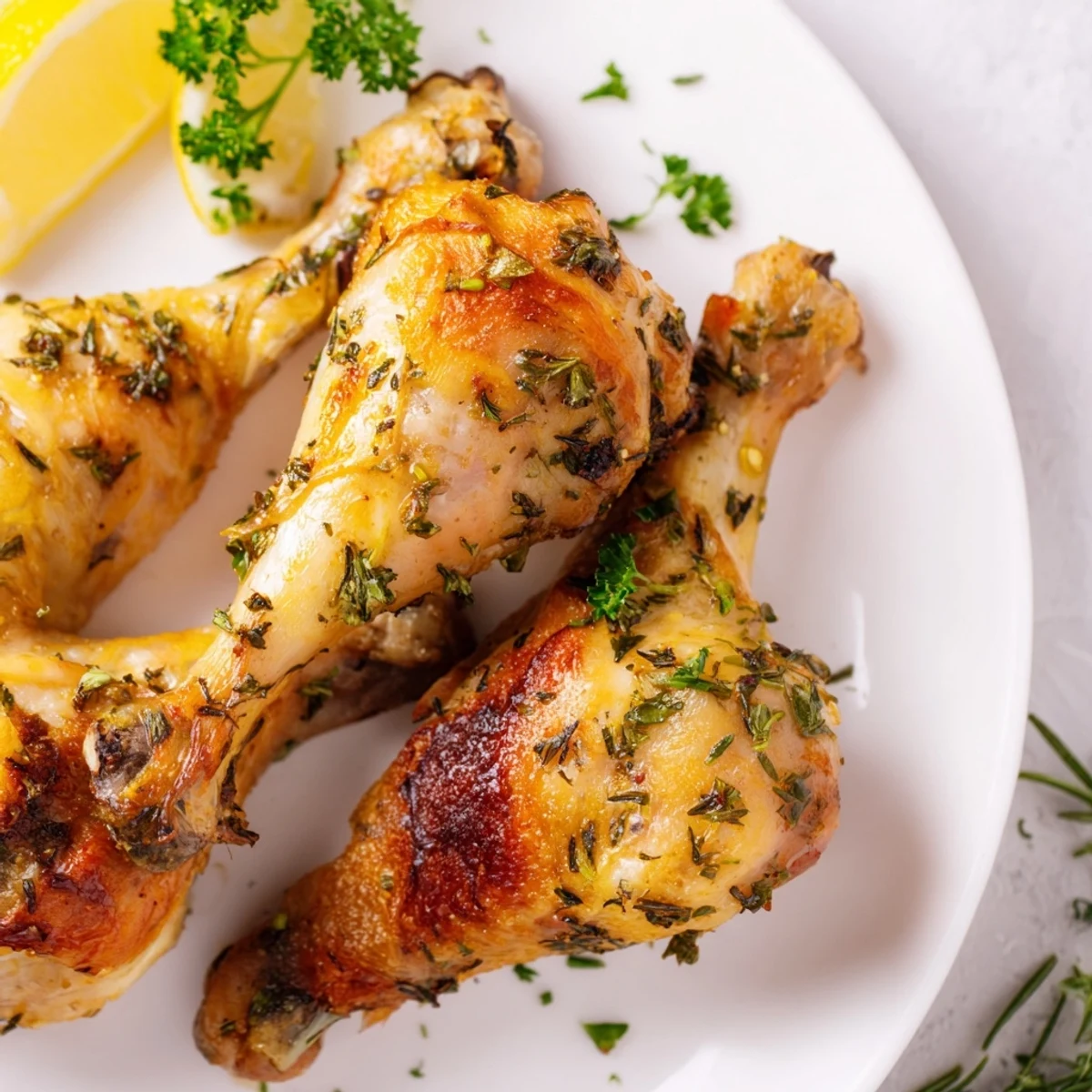 Crispy, golden-brown Herb Roasted Chicken Drumsticks fresh from the oven, garnished with fresh parsley and lemon wedges on a rustic board.
