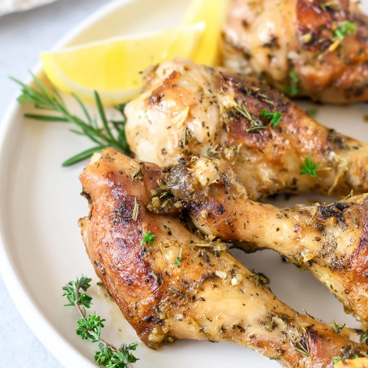 Juicy Herb Roasted Chicken Drumsticks glistening with a herbaceous olive oil marinade, paired with a simple green salad for a weeknight dinner.