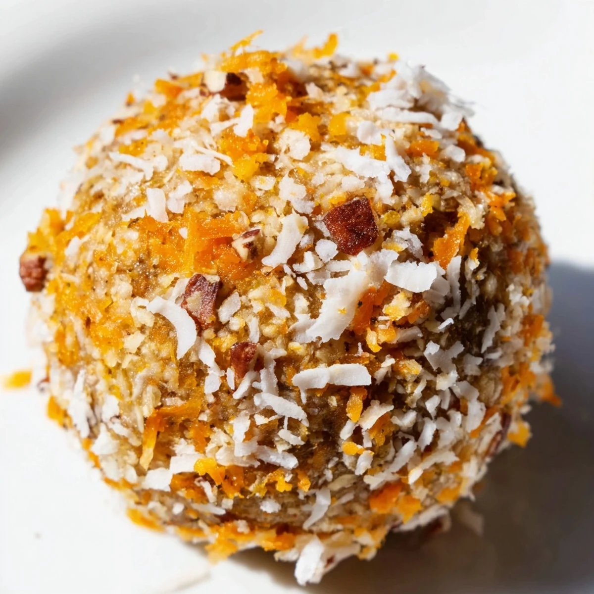 The ingredients for no bake carrot cake bites displayed in small bowls, showing shredded carrots, oats, dates, walnuts, pecans, and a sprinkle of cinnamon.