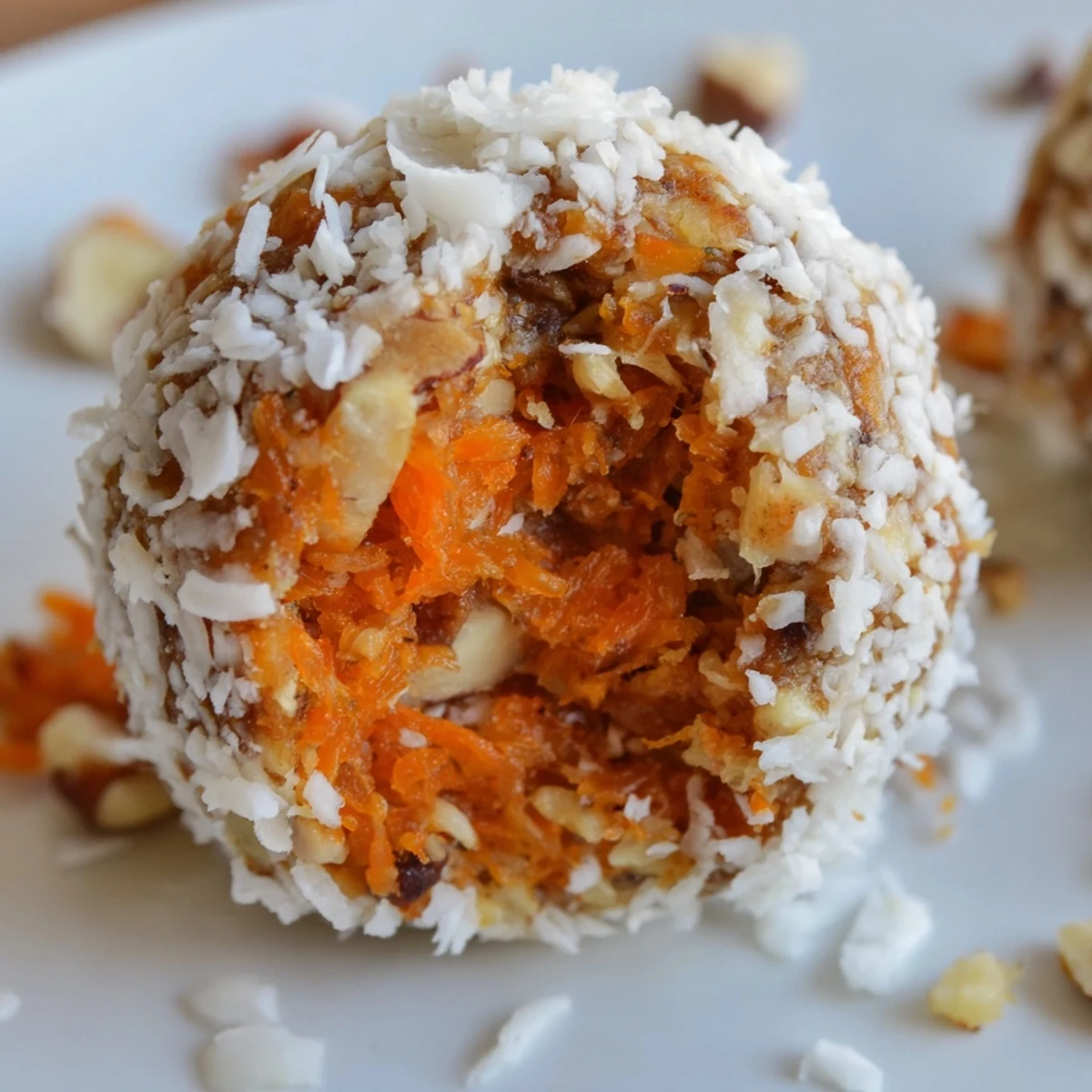 A close-up shot of no bake carrot cake bites arranged on a parchment-lined tray, each rolled in shredded coconut and studded with finely grated carrots and walnuts.