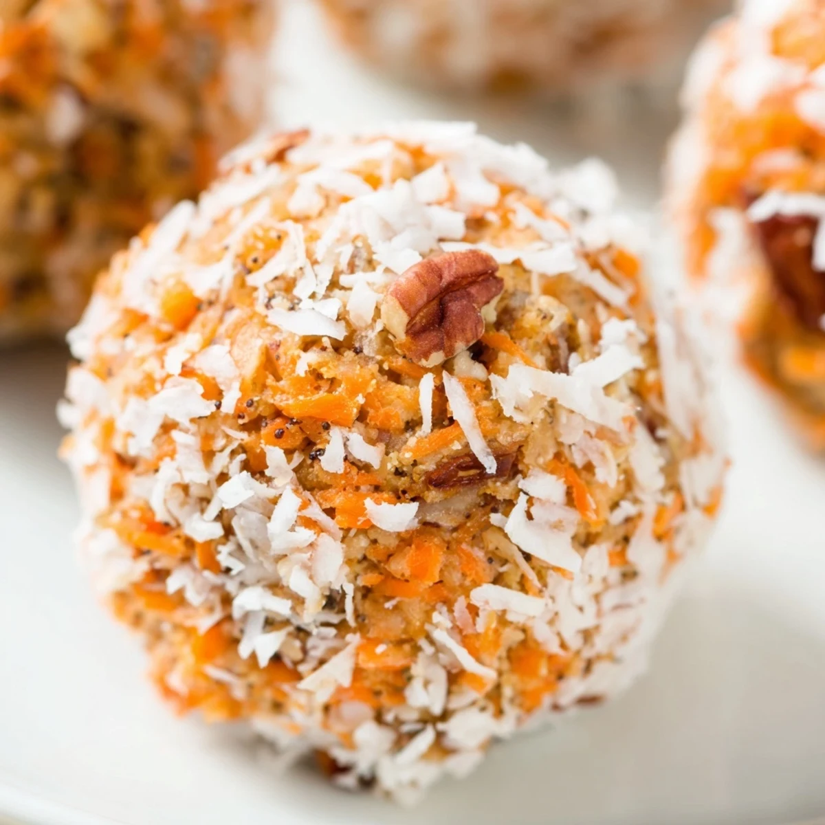 Four no bake carrot cake bites stacked on a small plate, garnished with a dusting of cinnamon and a few extra shredded carrots, ready to be enjoyed as a healthy snack.