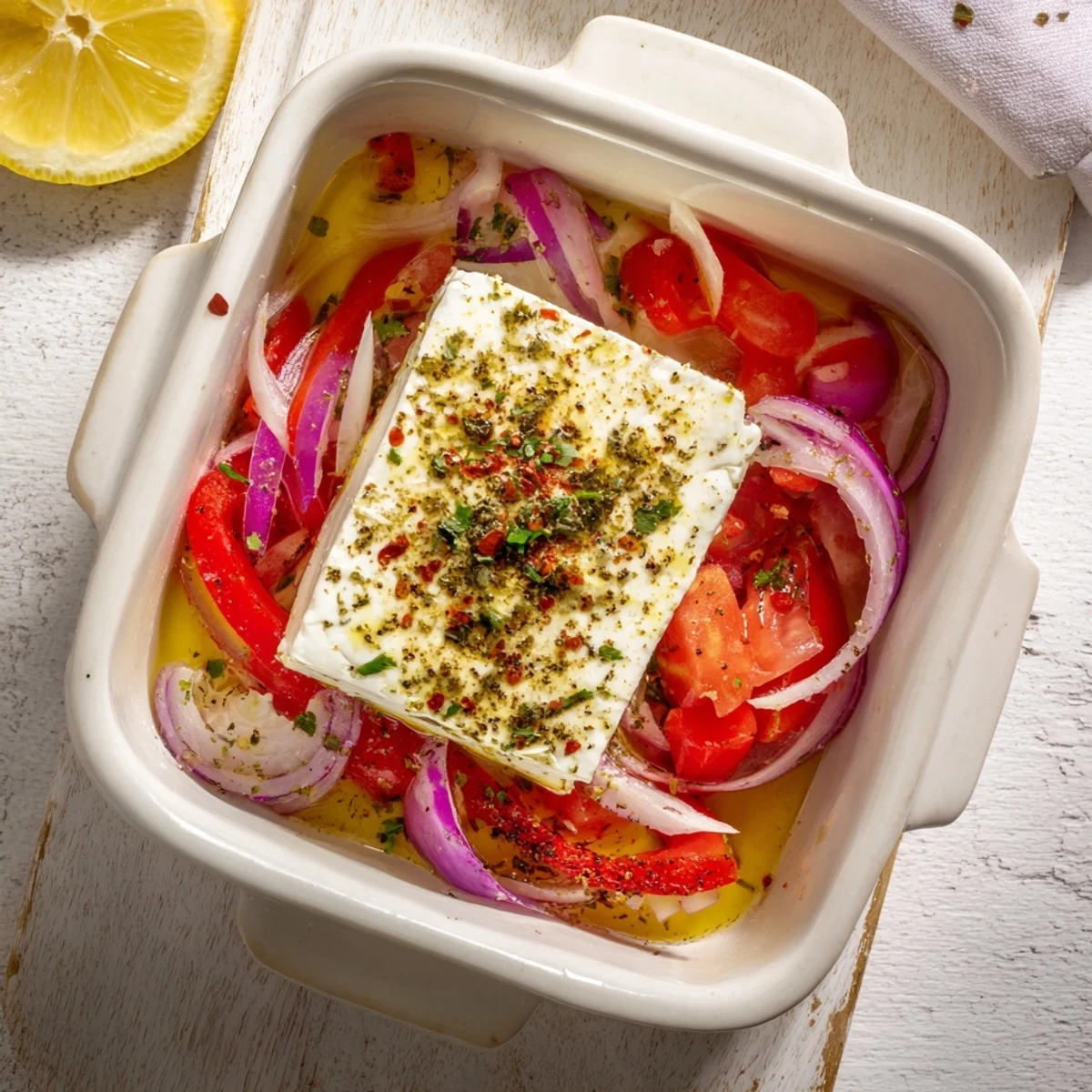 Freshly baked Spicy Baked Feta with juicy tomatoes and peppers, served warm in a rustic dish.