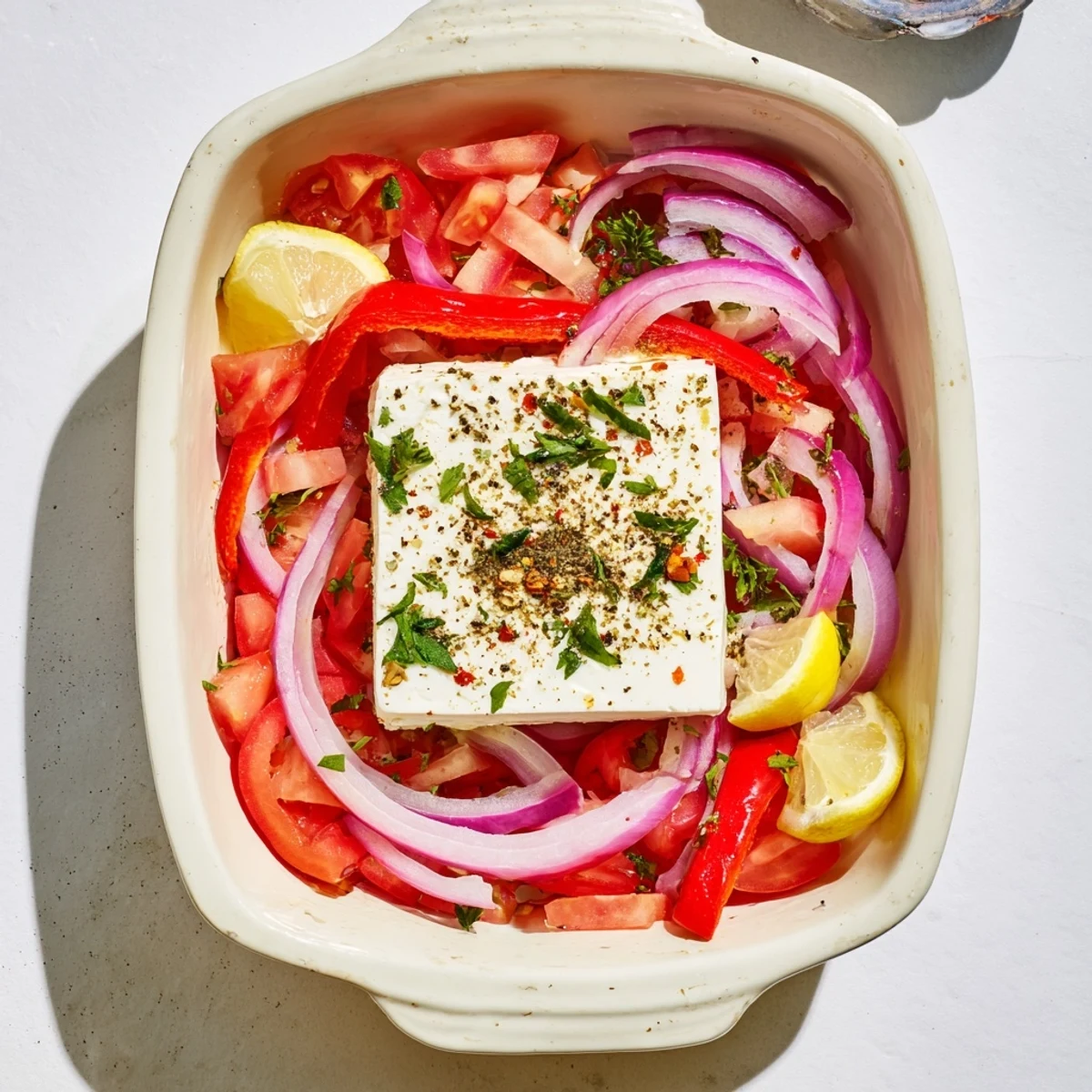 Close-up of golden Spicy Baked Feta topped with vibrant red onions and fresh parsley garnish.