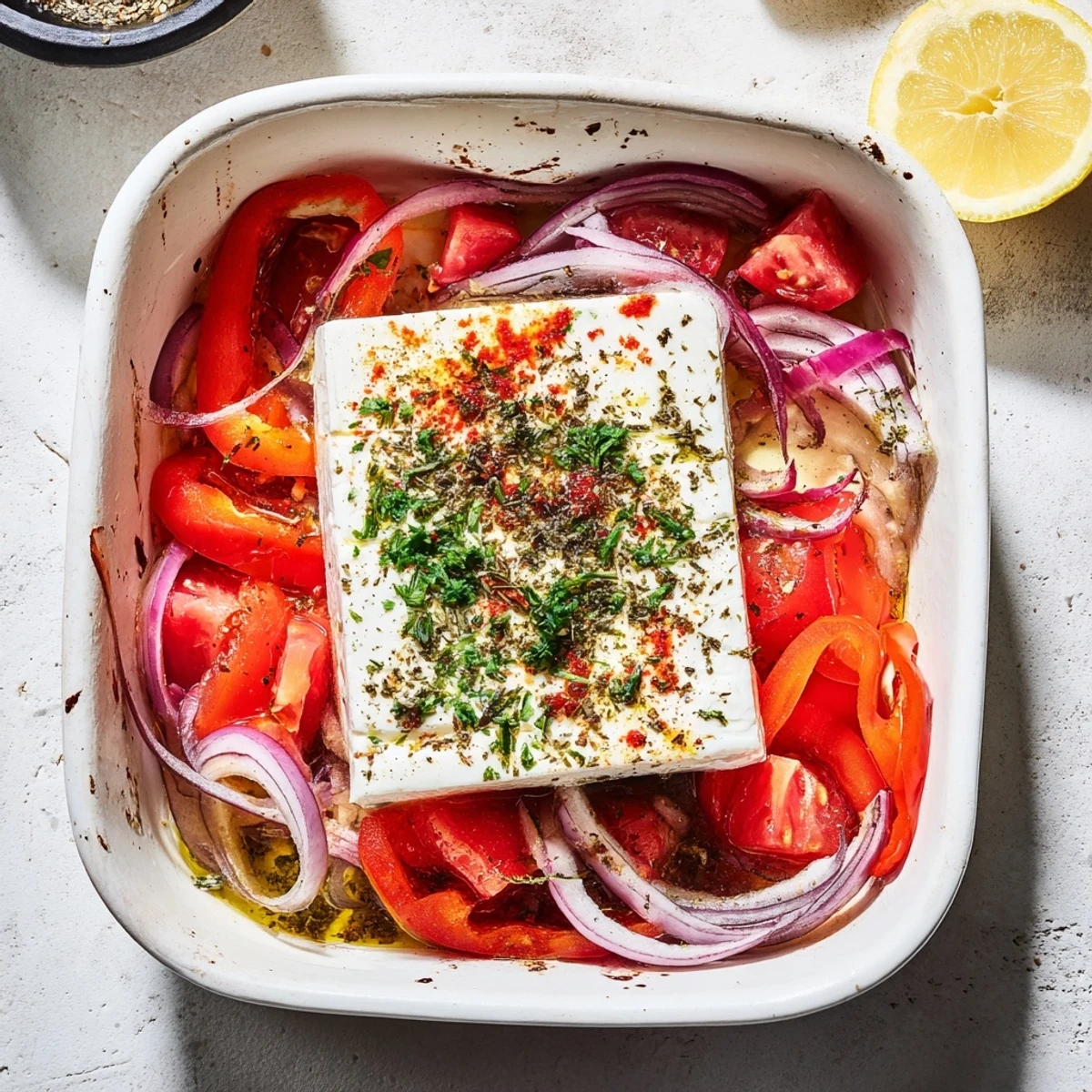 A bubbling Spicy Baked Feta appetizer, ready to be scooped up with crusty bread slices.