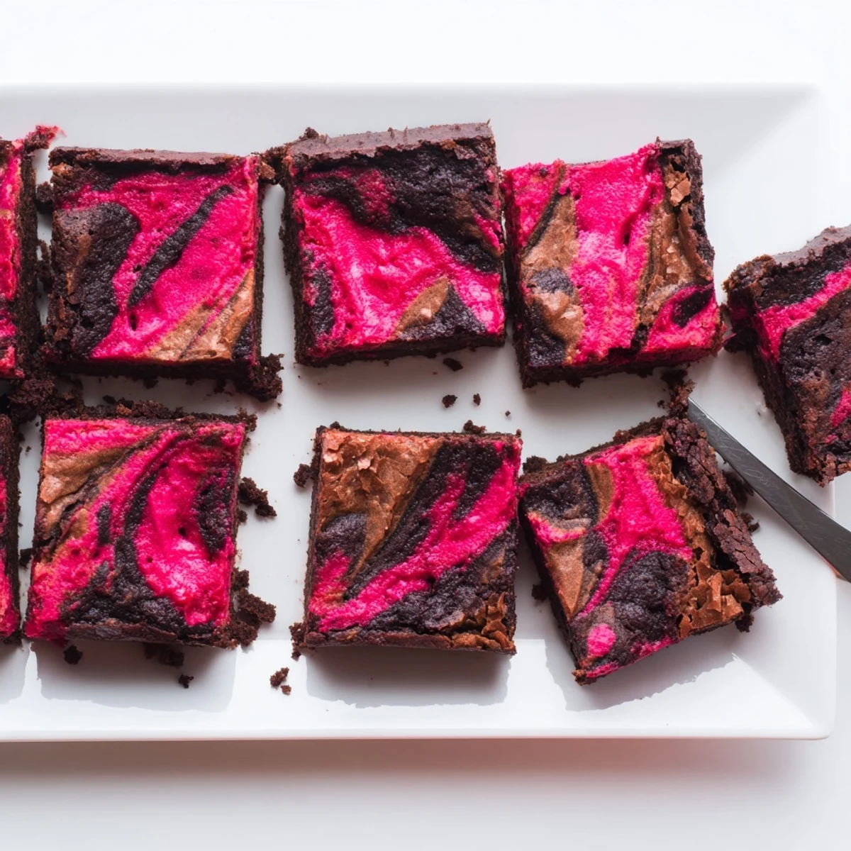 Warm Raspberry Swirl Brownies squares, showing the rich chocolate and vibrant red berry swirls on a wooden board.