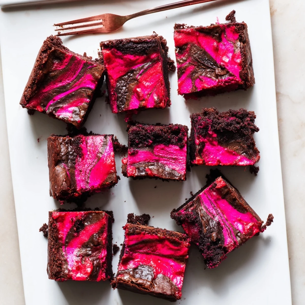 Slice of Raspberry Swirl Brownies topped with fresh berries, revealing the marbled pattern and moist, gooey texture inside.