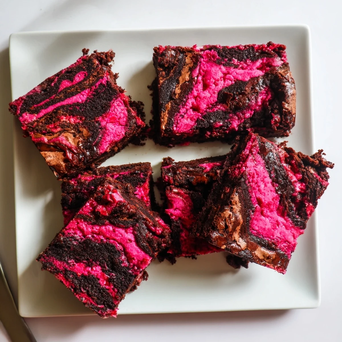 A close-up of Raspberry Swirl Brownies with a fudgy crumb, tangy raspberry jam, and a cup of milk nearby.