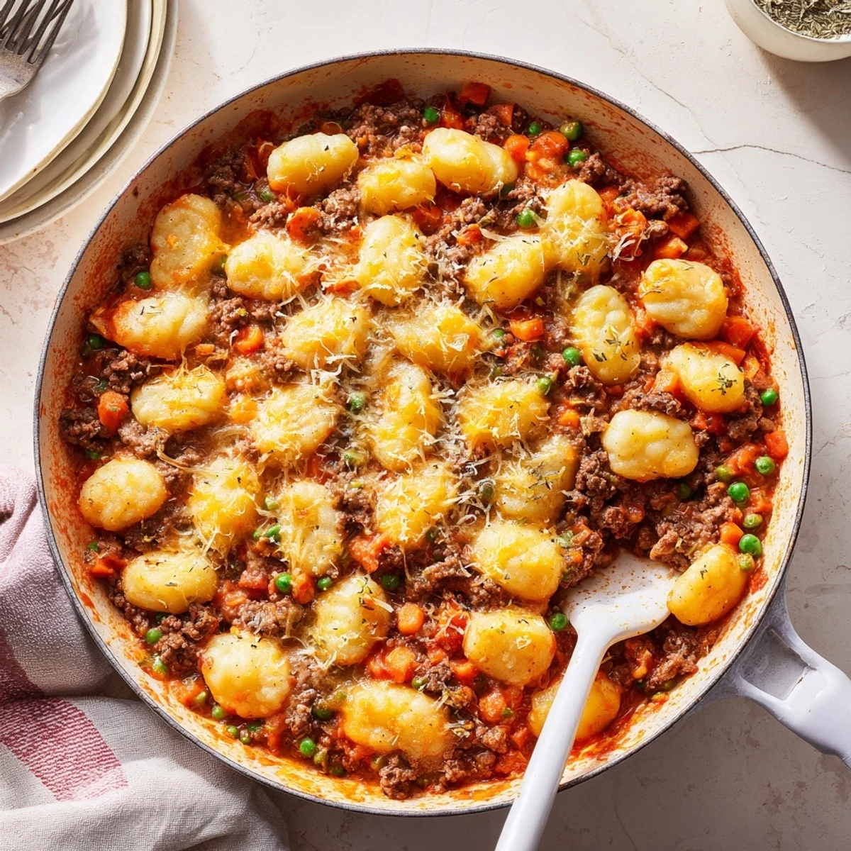 Golden-brown Quick Gnocchi Shepherds Pie topped with melted cheddar and Parmesan, served bubbling from the oven in a skillet.