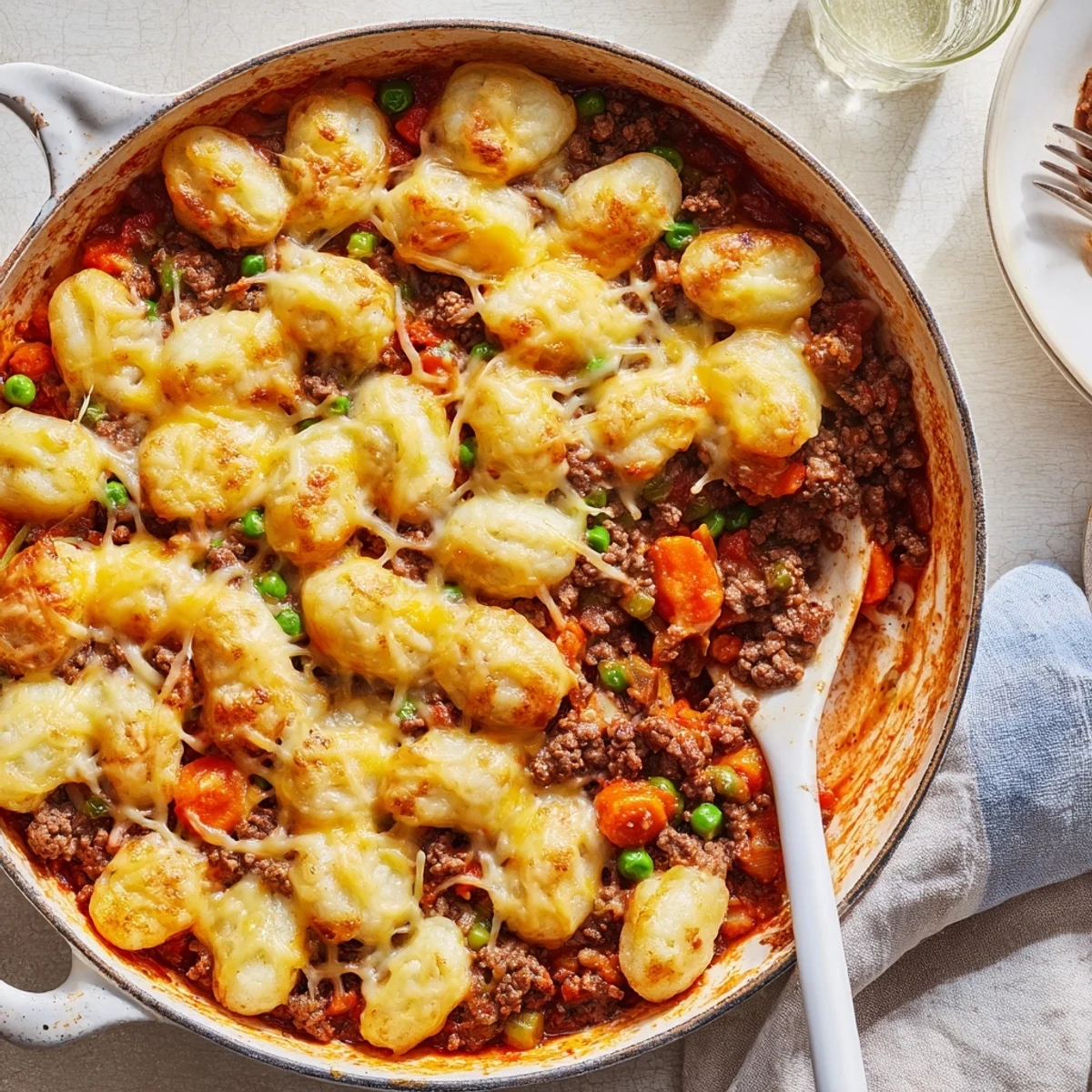 Hearty Quick Gnocchi Shepherds Pie features pillowy gnocchi over savory beef and vegetable filling with thyme and rosemary aromas.