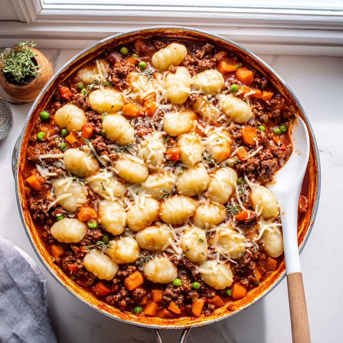 Close-up of Quick Gnocchi Shepherds Pie revealing golden cheese crust and rich meat filling, perfect for a comforting family dinner.