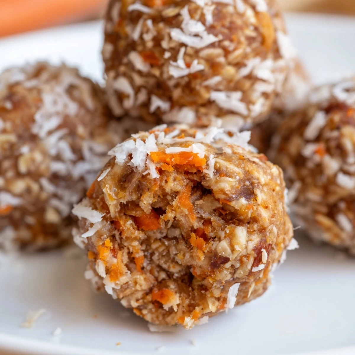A close-up of No Bake Carrot Cake Bites on a white plate with coconut flakes.