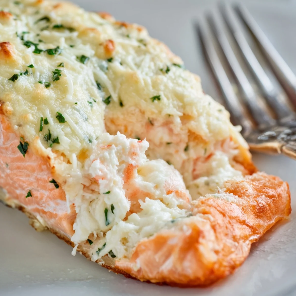 Golden-baked Crab & Shrimp Stuffed Salmon fillets flake tenderly, revealing a creamy seafood filling with bright lemon wedges for serving.