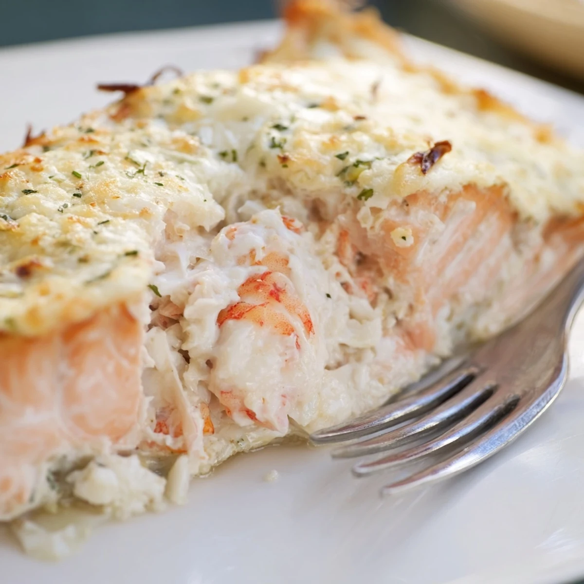 Perfectly cooked Crab & Shrimp Stuffed Salmon shows a savory filling in a side view, garnished with parsley for a special occasion.