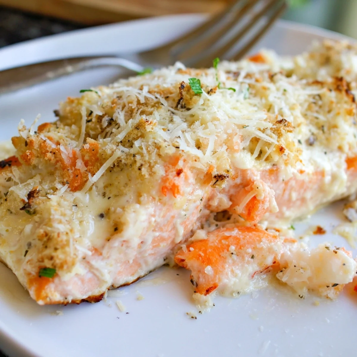 Fresh Crab & Shrimp Stuffed Salmon, topped with Parmesan, rests alongside asparagus on a rustic plate for a delightful dinner.