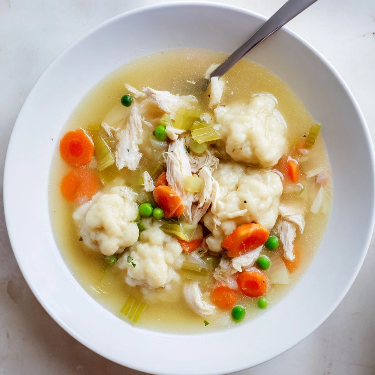 Steaming bowl of One Pot Chicken Dumpling Soup with tender chicken and fluffy dumplings, ready to serve for a cozy dinner.