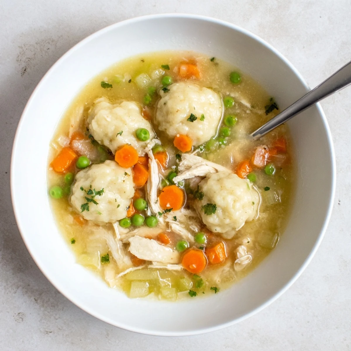 One Pot Chicken Dumpling Soup with golden dumplings, carrots, and celery in a savory broth, garnished with fresh parsley for a comforting meal.