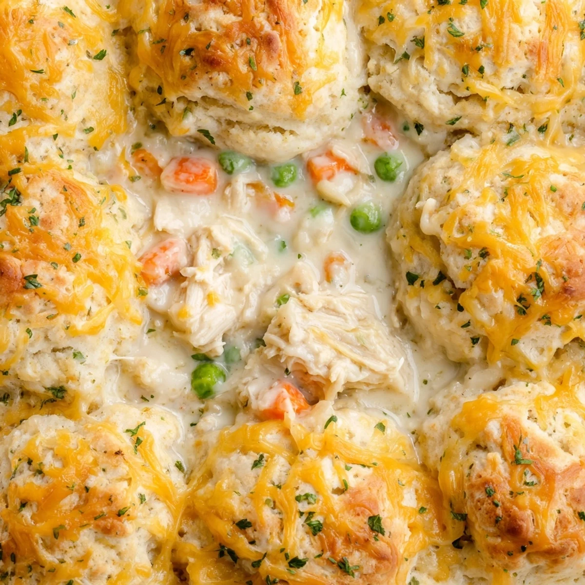 Golden, flaky cheddar biscuits sit atop a bubbling creamy chicken pot pie filling with carrots, celery, and peas, served in a rustic baking dish.