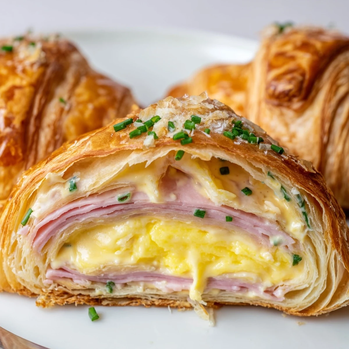 Freshly baked Stuffed Croissants reveal layers of flaky pastry and creamy Dijon sauce, ready for a cozy brunch serving.