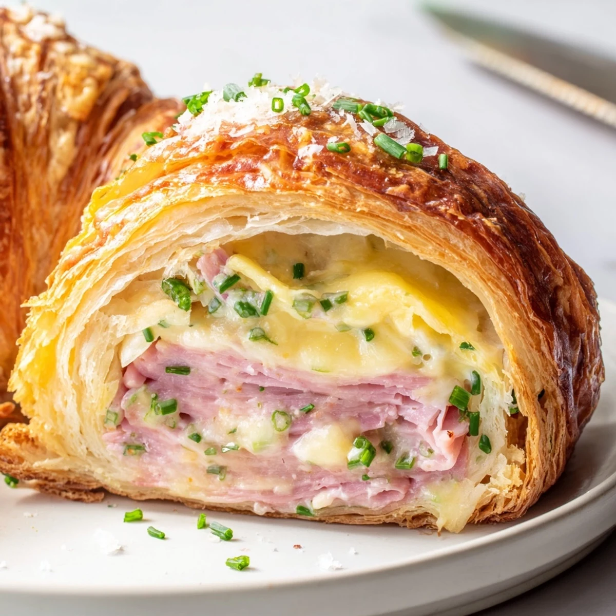 Golden-brown Stuffed Croissants filled with melted Swiss cheese and savory ham, brushed with egg wash on a baking sheet.