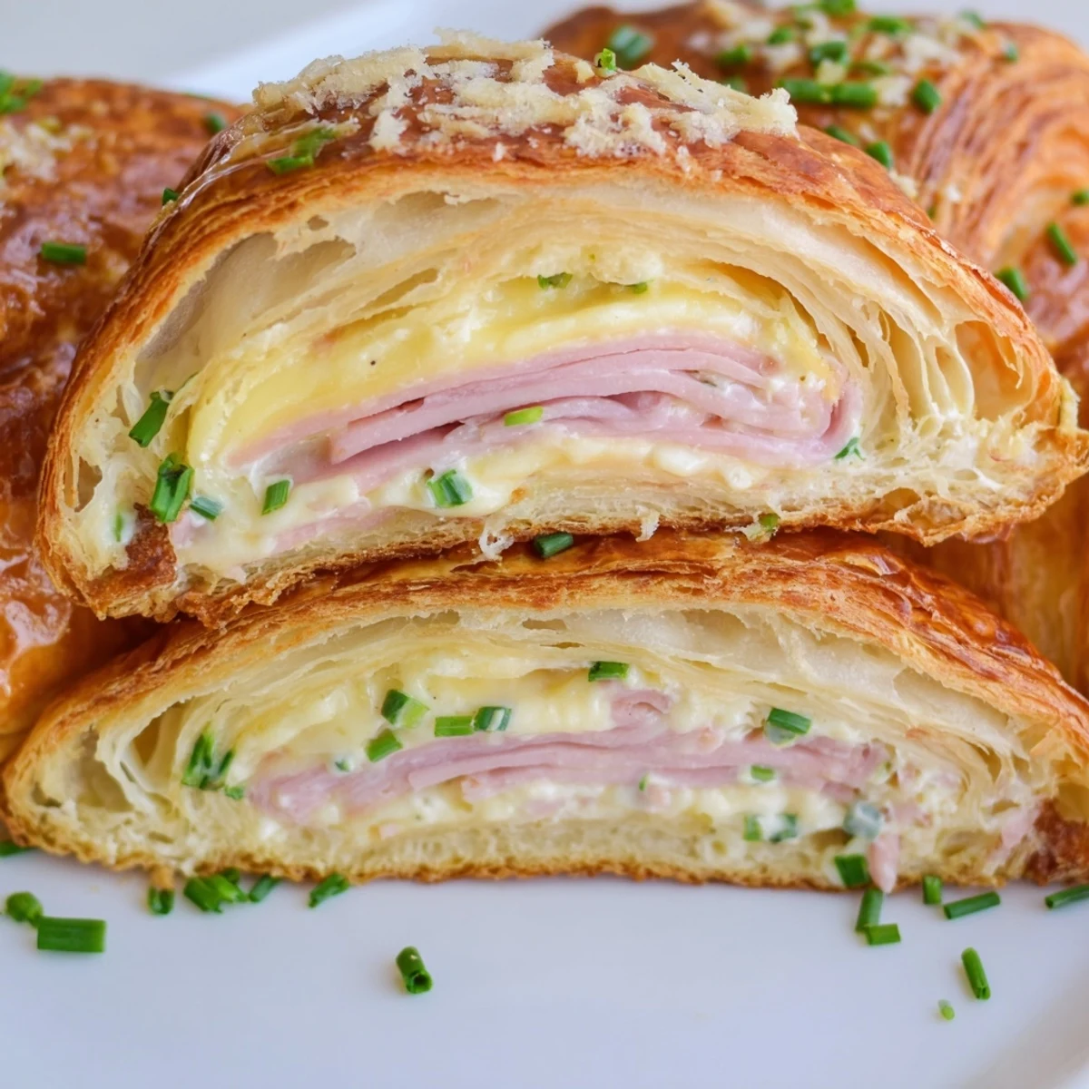 A close-up of warm Stuffed Croissants with ham and cheese, garnished with chives, perfect for an easy breakfast snack.