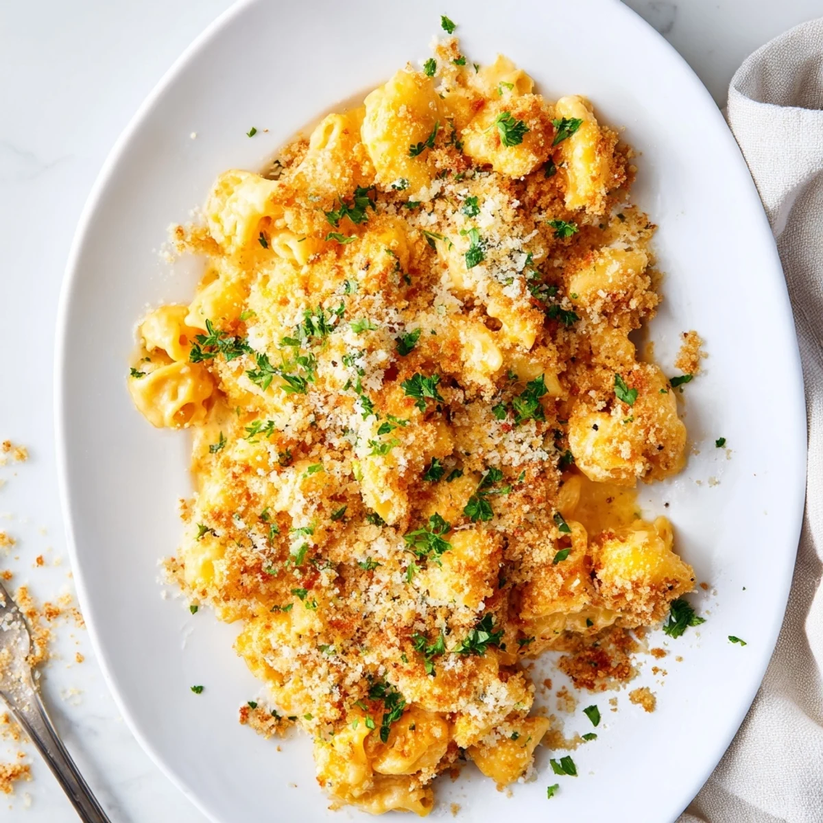 A close-up of Baked Mac and Cheese in a white dish, showcasing its golden, crunchy panko topping and melted cheese.