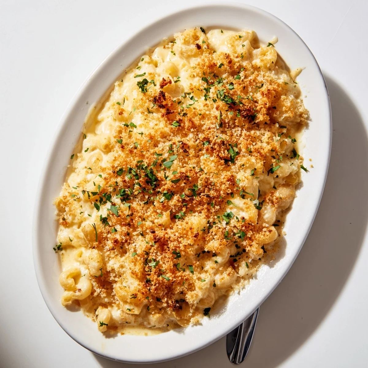 Golden-brown Baked Mac and Cheese bubbling from the oven, with a crispy crust and creamy cheddar sauce inside.