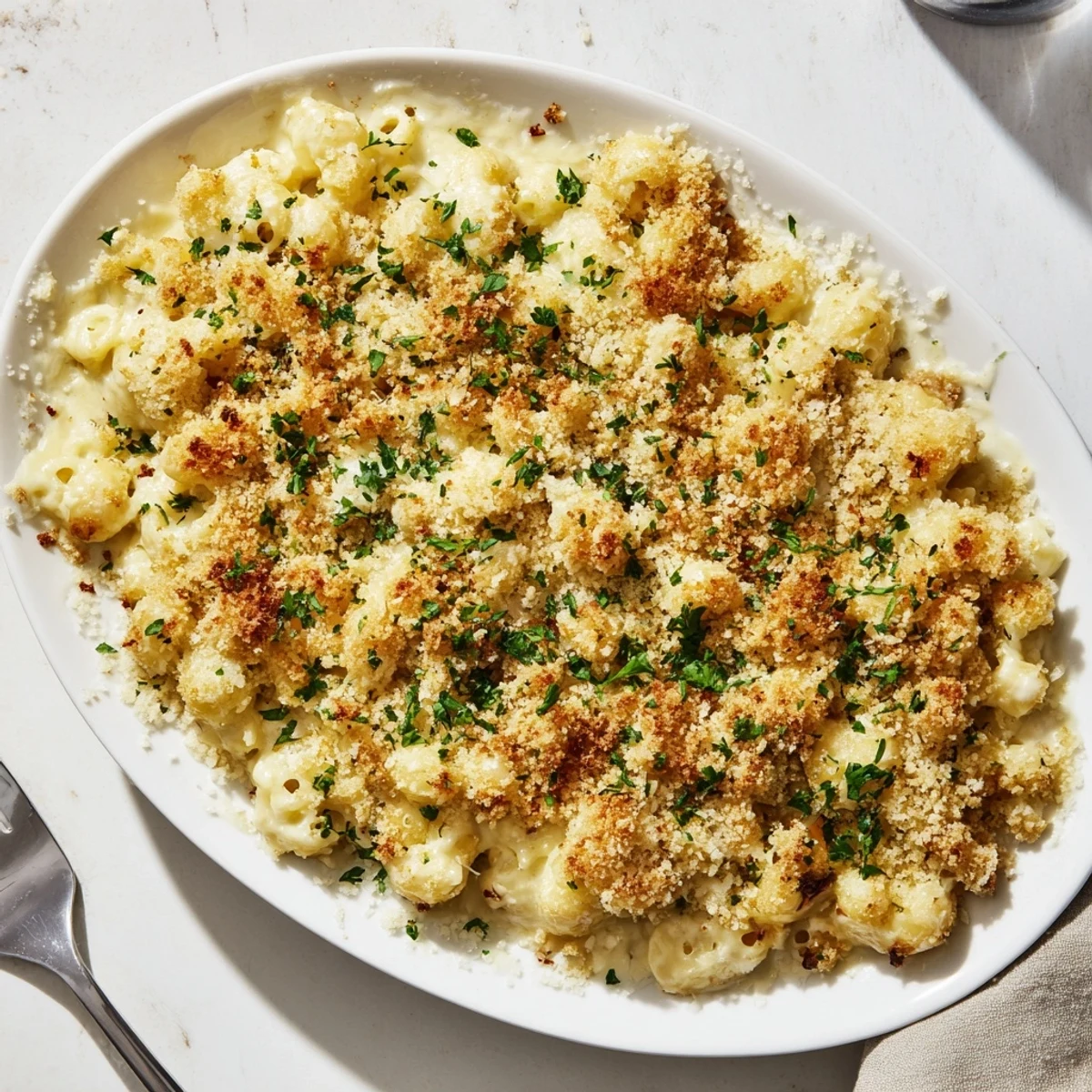 Serve Baked Mac and Cheese family-style, garnished with fresh parsley alongside a crisp green salad for balance.