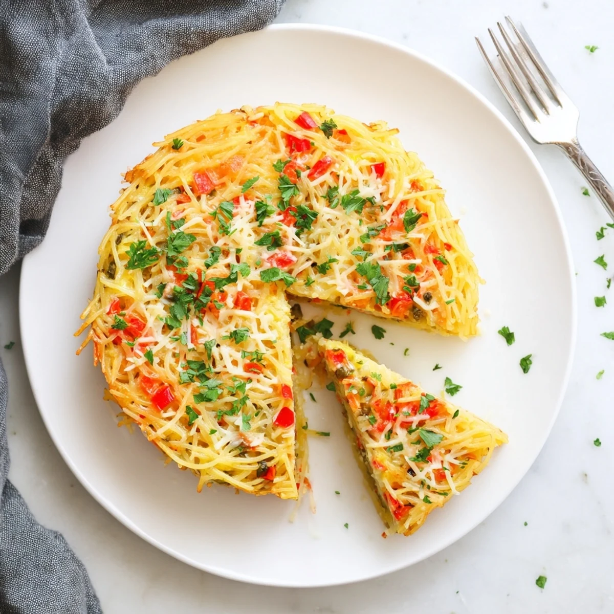 A close-up of a golden-brown Impossible Pasta Pie slice on a plate, showcasing spaghetti embedded in a cheesy, savory custard. 