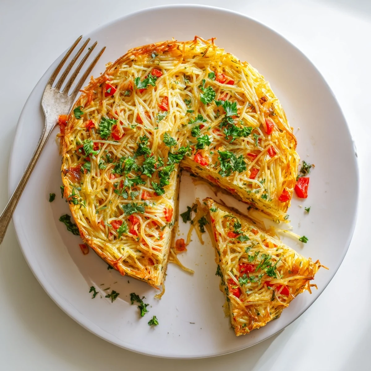 The baked Impossible Pasta Pie reveals a hearty interior with visible onions, bell peppers, and melted mozzarella, served on a rustic wooden table. 