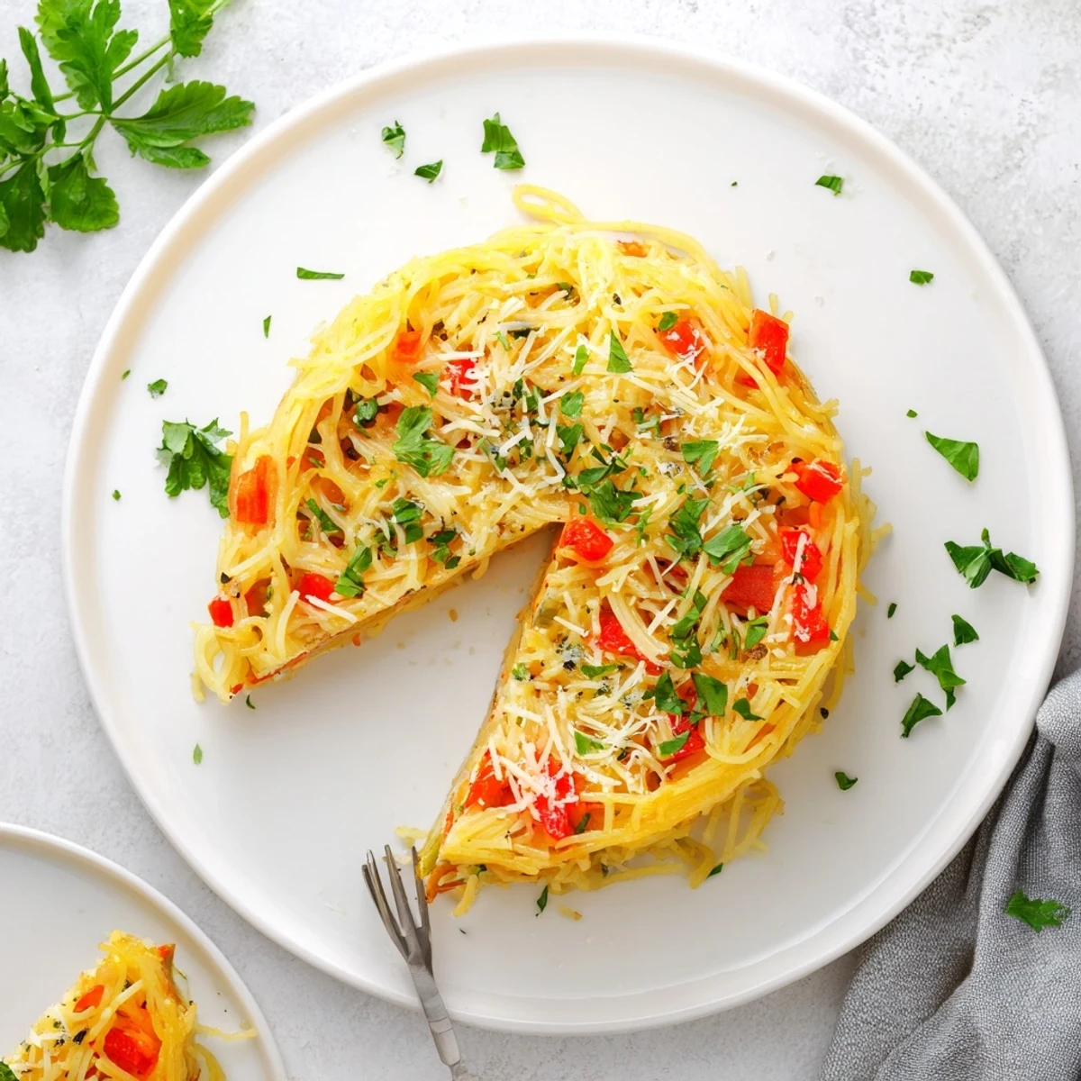 A freshly baked Impossible Pasta Pie sits in a ceramic dish, garnished with fresh basil, ready for a comforting family dinner.